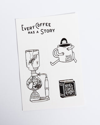 Sticker sheet with 4 Novel Coffee Roasters branded stickers