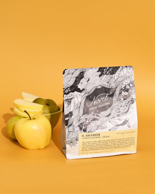 10 oz bag of carlos escobar gesha coffee with yellow fruit from Novel coffee roasters